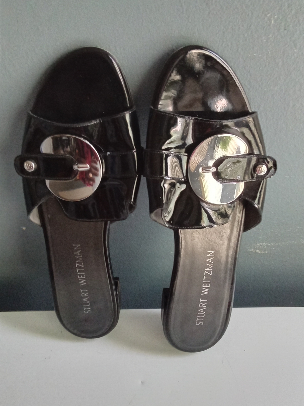 Stuart Weitzman Black Patent Leather Buckle Slide Sandals Made in Spain